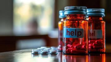 Empty prescription bottles spelling out word help with red capsules inside on wooden table, conveying sense of urgent medical need photo