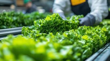 Robotic picker transferring leafy greens to conveyor belt with logistic staff monitoring in professional atmosphere photo