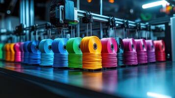 Colorful filament spools lined up on rapid prototyping machine, creating vibrant 3D printed parts with precision and speed photo