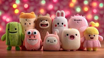 Kawaii plush toy with cute animal characters smiling happily on wooden floor with colorful bokeh lights creating joyful atmosphere photo