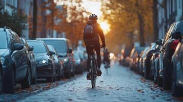 Cyclist riding on cobblestone street between parked cars during sunset, promoting eco friendly commuting and urban transportation photo
