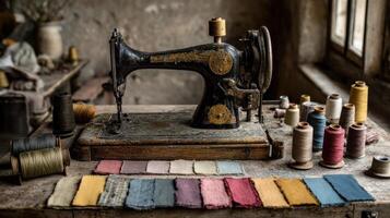Vintage sewing machine with colorful thread spools and fabric swatches on rustic table creating cozy cottagecore atmosphere in soft natural light photo