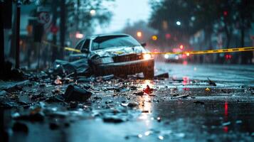 Rain soaked street with car debris scattered and police tape cordoning off accident scene under atmospheric backlighting from street lamps photo