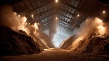 Composting facility processing organic waste with large piles emitting steam inside spacious industrial warehouse, showing responsible production photo