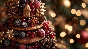 Tall stack of gingerbread pancakes with icing drizzle and fresh berries, pine cones, and star anise creating festive holiday dessert with warm photo
