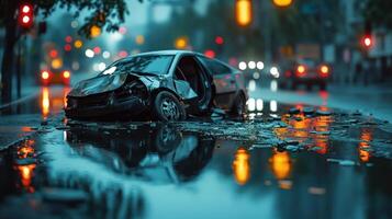 Rain drenching cracked asphalt around totaled car with reflections of traffic signals in giant puddles creating melancholic rainy mood photo