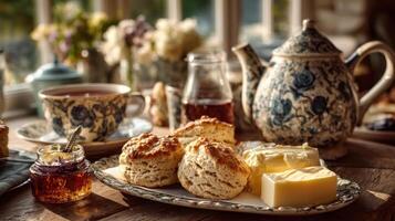 Cozy cottagecore tea setting with scone, butter, jam, and floral teapot on wooden table in warm natural light photo