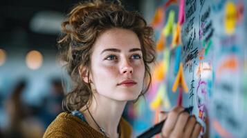 Young woman brainstorming ideas on colorful sticky note board in creative workspace, focused and inspired photo