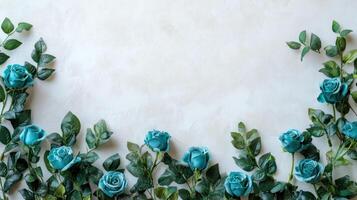 Blue rose flowers with green leaves on white background create peaceful scene for world ovarian cancer day awareness and hope for healing photo