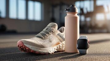 Fitness gear including running shoe, water bottle, and smartwatch on gym floor with warm sunlight creating motivating atmosphere photo