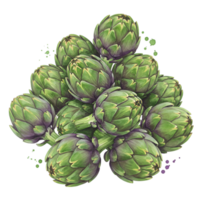 A pyramid stack of fresh green artichokes displayed against a simple transparent background space area png