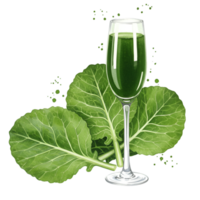 A glass of vibrant green juice with leafy greens on a plain colored space providing a fresh look on transparent background png