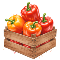 A wooden crate filled with red and orange bell peppers with green stems in a colorful arrangement on transparent background png