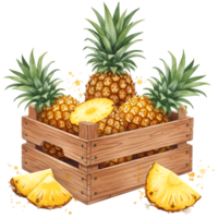 A wooden crate filled with pineapples and pineapple slices on an isolated transparent area on transparent background png
