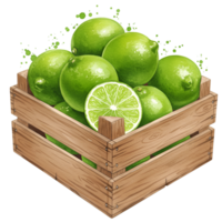 A wooden crate filled with several whole limes and a halved lime showing the inside of the fruit on transparent background png