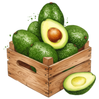 A wooden crate filled with several avocados and one avocado cut in half in front of the crate on transparent background png