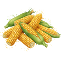 A pile of yellow corn cobs with green husks arranged together in a group on a transparent surface on transparent background png