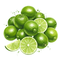 A vibrant arrangement of fresh limes with sliced segments displayed on a plain surface view from above on transparent background png