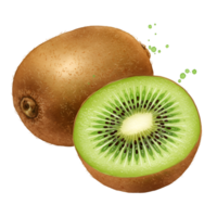 Close up of a whole kiwi and a halved kiwi with a light color plain isolated solid color style on transparent background png