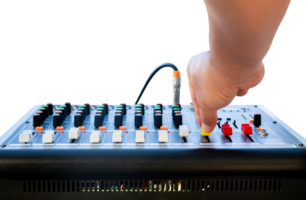 Hand adjusting audio mixer controls, perfect for music production, live sound, broadcasting, and studio recording themes. Professional sound engineering in action, isolated on transparent background png