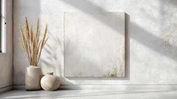 Blank vertical canvas leaning against a textured wall with sunlight shadows. Two neutral vases with dried grasses stand beside it on a light floor photo