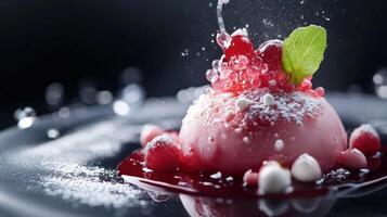 Pink mousse dessert with red berries and powdered sugar on a black plate. Garnished with leaf and syrup. High contrast lighting with splashes of sugar in motion photo