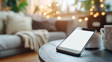 Smartphone with blank screen on wooden table, cozy modern living room interior with soft sofa, pillows, and warm lights in background photo