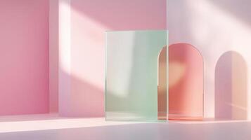 Minimalist display with clear and pink curved glass shapes against a soft pink wall and floor with sunlight shadows. Modern product showcase photo