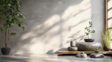 Minimalist zen interior with smooth gray walls, sunlight shadows, potted plants, and smooth stones on a wooden platform and floor. Tranquil space photo