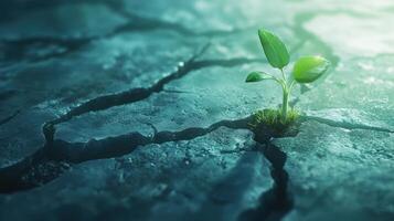 Small green plant with fresh leaves emerging from broken, arid ground. Symbolizes rebirth, tenacity, and life finding a way photo