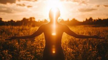 Silhouette of a person standing in a field with arms outstretched towards the bright setting sun. Peaceful and spiritual connection with nature photo