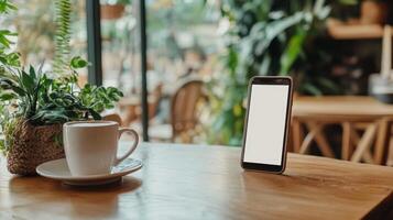 Phone with empty screen standing on wooden table in bright cafe, coffee cup and green plants in natural daylight setting photo