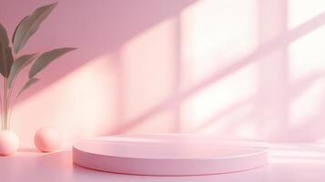 Empty round pink podium with plant and sphere in soft sunlight and shadows. Minimalist product showcase with copy space photo
