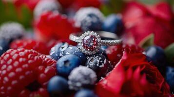 Silver ring with a red gemstone and diamonds placed among blueberries, raspberries, blackberries, and red roses in a vibrant macro shot photo