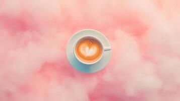Top-down view of a cappuccino with heart latte art in a white cup and saucer, set against a soft pink and white cloudy background. Dreamy coffee moment photo