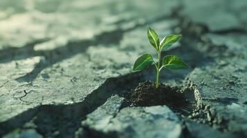 Green sprout growing from cracked, dry earth. Symbol of hope, resilience, and new beginnings in a harsh environment photo