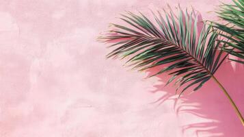 Two palm fronds against a textured pink wall in bright sunlight, casting soft shadows. Tropical and summery botanical background with copy space photo