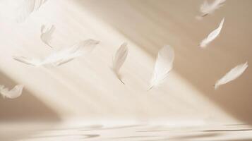Several delicate white feathers gently falling in soft sunlight against a warm beige background with subtle shadows. Airy and peaceful composition photo