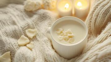 Warm, creamy drink with white chocolate shavings in a mug, nestled in a cozy knit sweater with glowing candles. Hygge and comfort photo