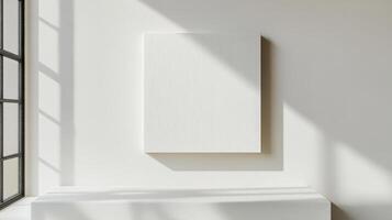 Blank white canvas on a white surface against a white wall with window shadows. Minimalist and bright presentation space for art or text photo