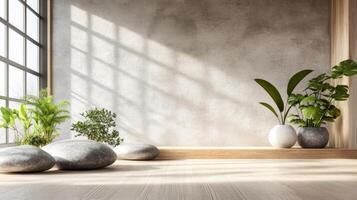 Scandinavian-style interior with natural plants, large pebbles, wood floor, and concrete wall. Bright sunlight and grid shadows create a calm, eco-friendly atmosphere photo