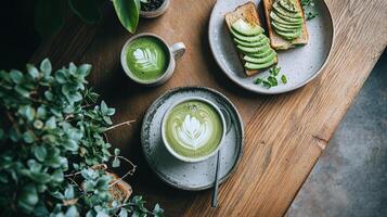 Top-down shot of avocado toasts on plates and two matcha lattes with latte art on a wooden table with green plants. Healthy and aesthetic brunch photo