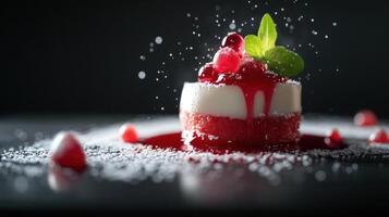Layered cake with red fruit topping and mint leaves. Creamy white mousse and syrup drip over soft base. Captured with motion sugar spray in dark studio setup photo