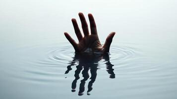 A hand emerging from calm, still water, creating gentle ripples. Minimalist and slightly surreal image with a sense of mystery photo