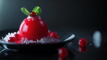 Red spherical dessert with glossy finish and green mint leaves. Surrounded by sugar crystals and berries on a dark reflective plate. Elegant presentation photo