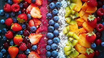 Colorful rainbow fruit arrangement with strawberries, blueberries, kiwi, papaya, raspberries, and coconut flakes in a healthy top-down layout photo
