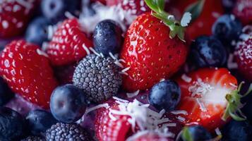Assorted fresh berries including strawberries, blueberries, raspberries, and blackberries sprinkled with shredded coconut in a macro food composition photo