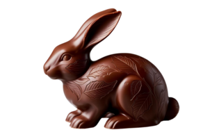 Chocolate rabbit with leaf engravings, long ears, lifelike expression, showcasing artisanal craftsmanship and rich cocoa tones. png