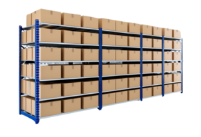 Storage rack with brown cardboard boxes organized in tiers, representing logistics, bulk storage, and efficiency. png