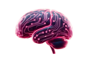 Cybernetic brain with neon circuitry symbolizing artificial intelligence and connectivity. png